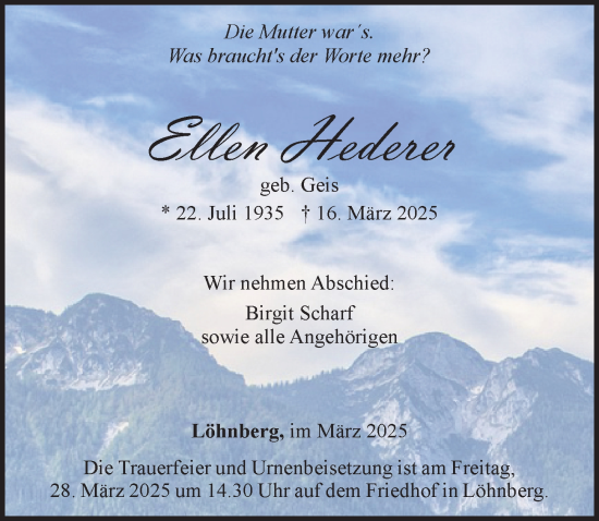 Traueranzeige von Ellen Hederer von Weilburger Tageblatt