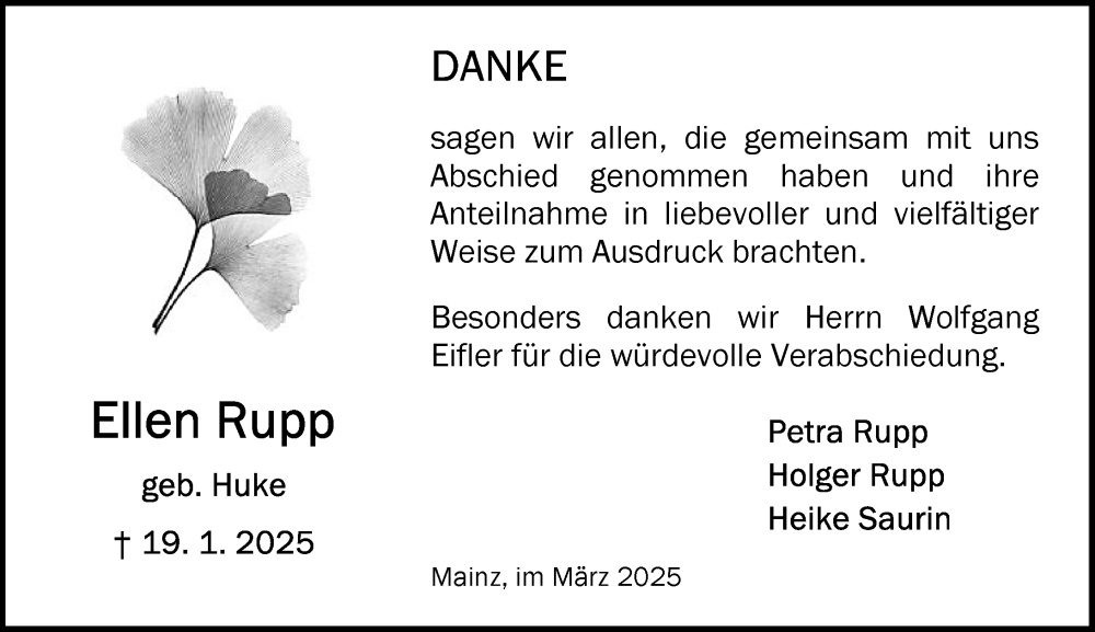  Traueranzeige für Ellen Rupp vom 01.03.2025 aus Allgemeine Zeitung Mainz