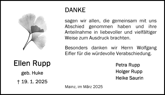 Traueranzeige von Ellen Rupp von Allgemeine Zeitung Mainz