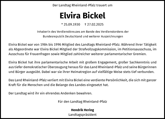 Traueranzeige von Elvira Bickel von Wormser Zeitung