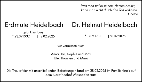 Traueranzeige von Erdmute Heidelbach von Wiesbadener Kurier