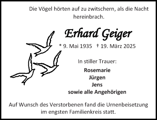 Traueranzeige von Erhard Geiger von Allgemeine Zeitung Mainz
