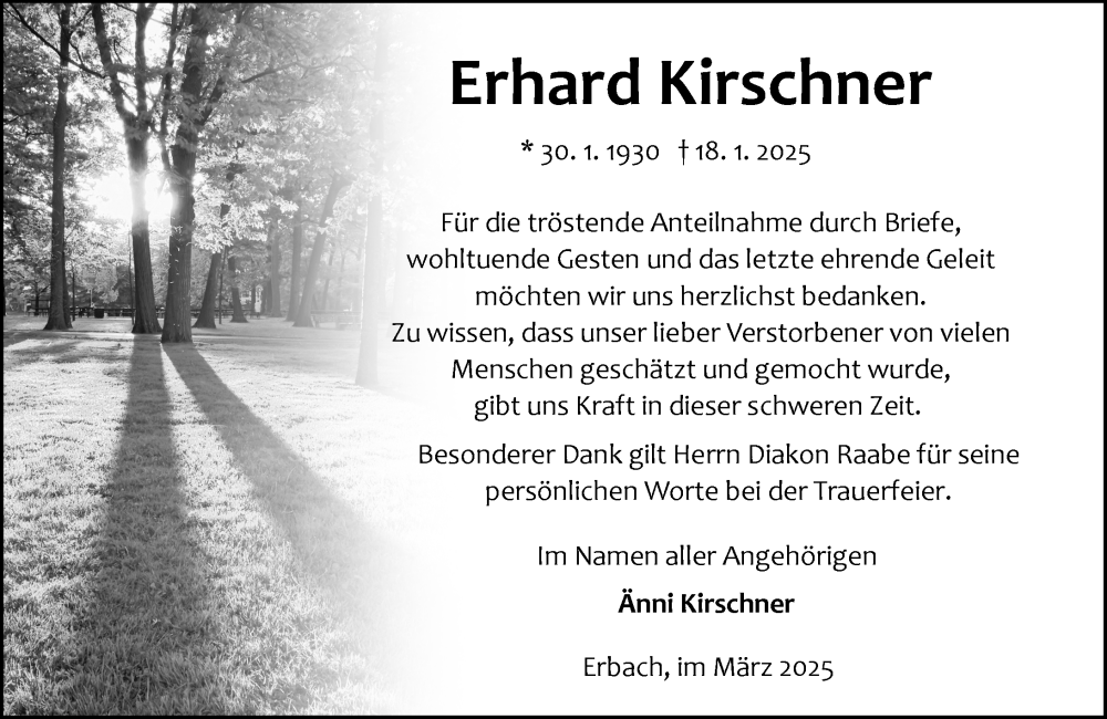  Traueranzeige für Erhard Kirschner vom 01.03.2025 aus Odenwälder Echo