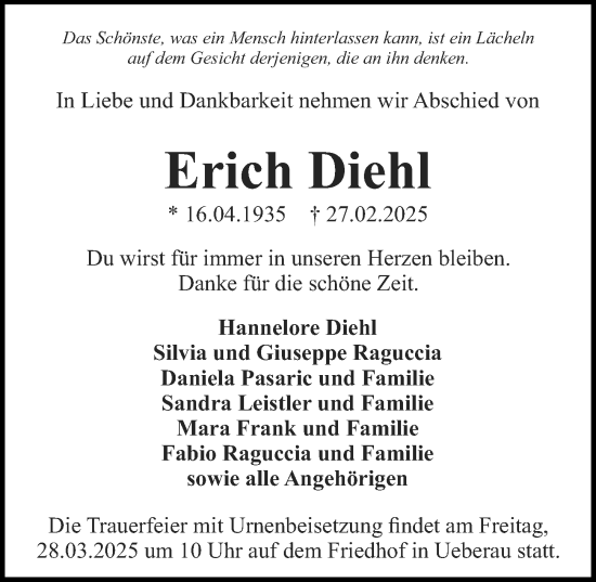 Traueranzeige von Erich Diehl von Darmstädter Echo