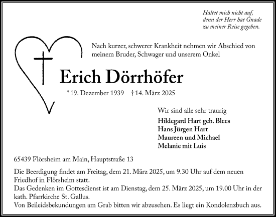 Traueranzeige von Erich Dörrhöfer von Rüsselsheimer Echo