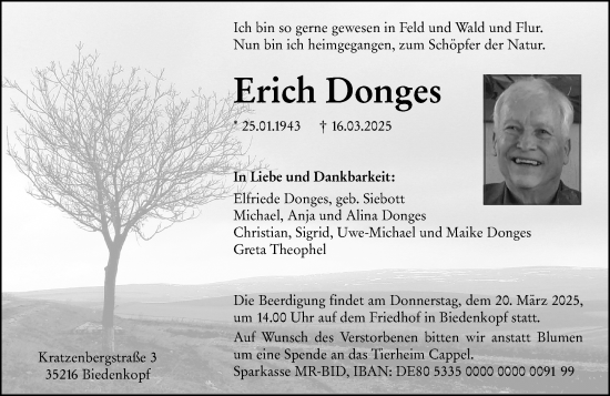 Traueranzeige von Erich Donges von Hinterländer Anzeiger