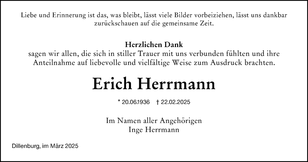  Traueranzeige für Erich Herrmann vom 08.03.2025 aus Dill Block