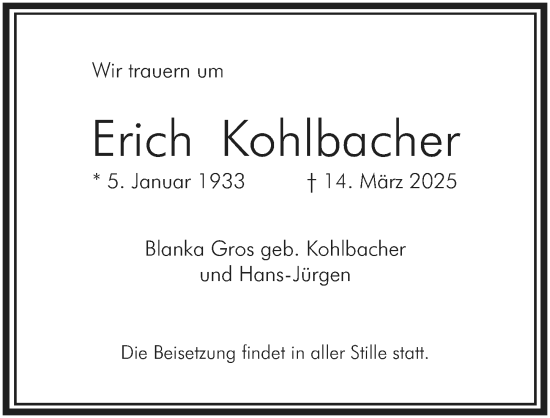 Traueranzeige von Erich Kohlbacher von Allgemeine Zeitung Mainz