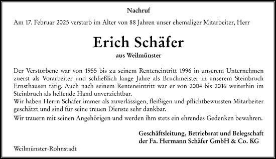Traueranzeige von Erich Schäfer von Weilburger Tageblatt