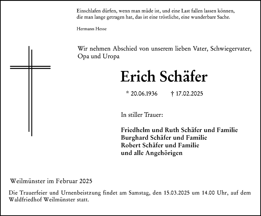  Traueranzeige für Erich Schäfer vom 05.03.2025 aus Weilburger Tageblatt