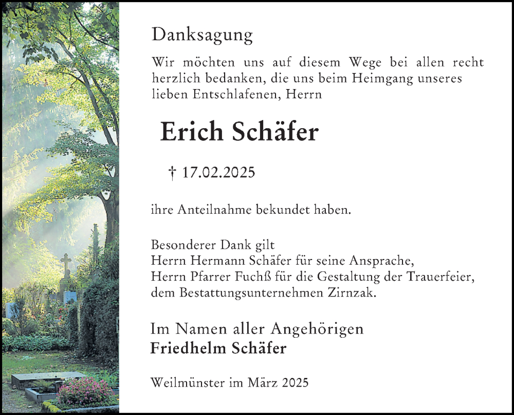  Traueranzeige für Erich Schäfer vom 29.03.2025 aus Weilburger Tageblatt