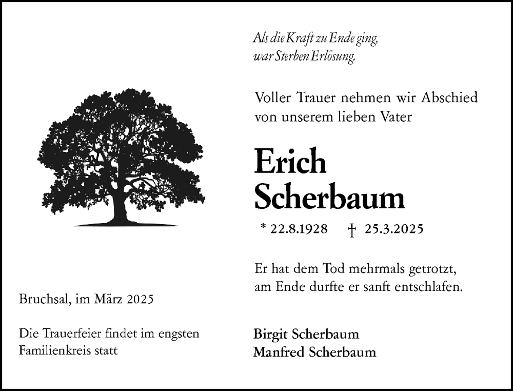  Traueranzeige für Erich Scherbaum vom 31.03.2025 aus Wetzlarer Neue Zeitung