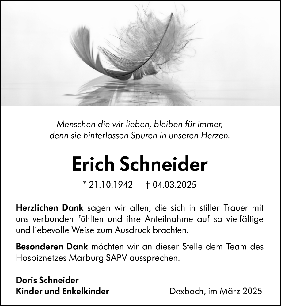  Traueranzeige für Erich Schneider vom 22.03.2025 aus Hinterländer Anzeiger