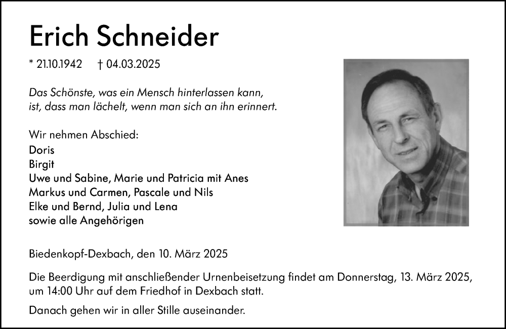 Traueranzeige für Erich Schneider vom 10.03.2025 aus Hinterländer Anzeiger