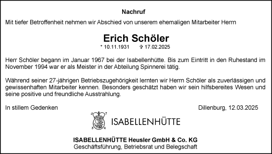 Traueranzeige von Erich Schöler von Dill Block