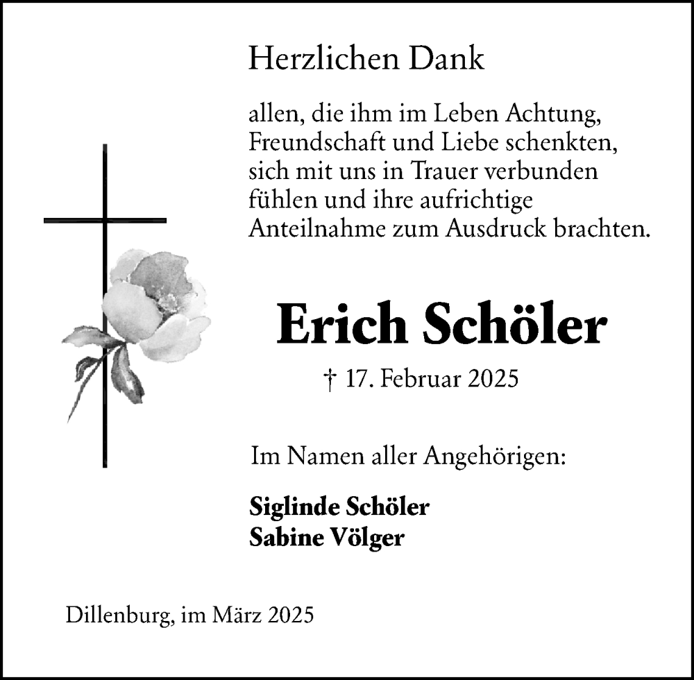  Traueranzeige für Erich Schöler vom 08.03.2025 aus Dill Block