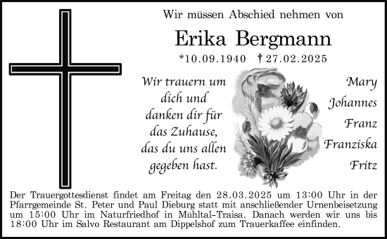 Traueranzeige von Erika Bergmann von Dieburger Anzeiger/Groß-Zimmerner Lokal-Anzeiger