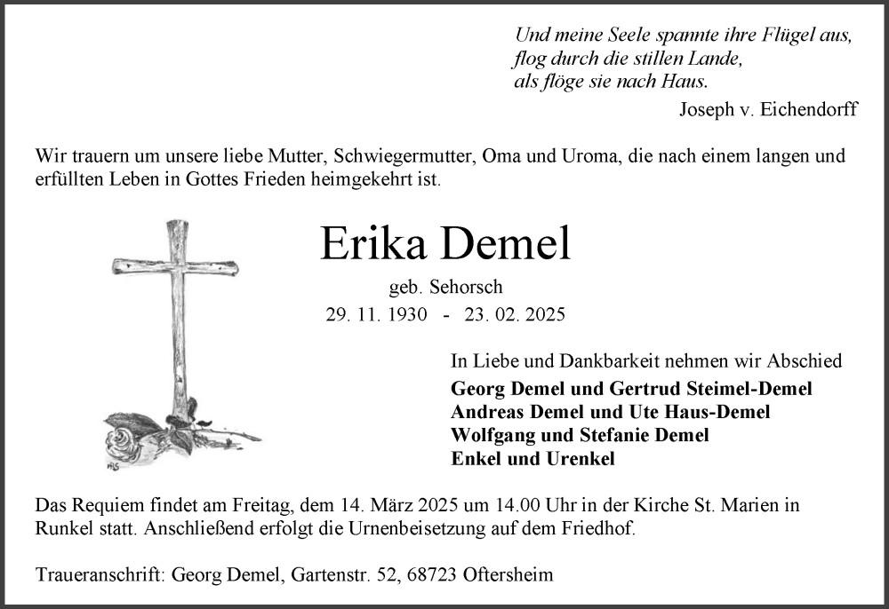  Traueranzeige für Erika Demel vom 08.03.2025 aus Nassauische Neue Presse