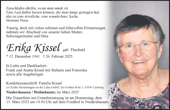 Traueranzeige von Erika Kissel von Weilburger Tageblatt