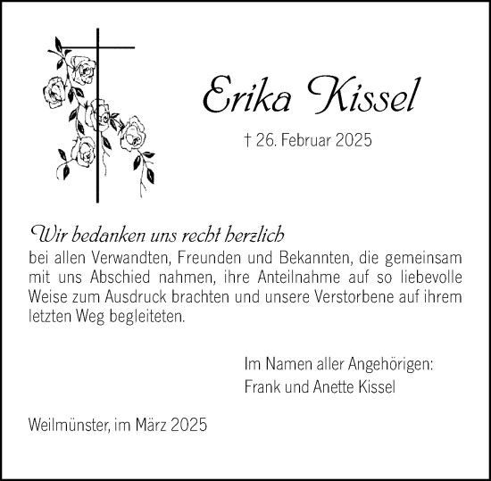 Traueranzeige von Erika Kissel von Weilburger Tageblatt