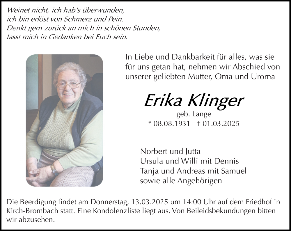  Traueranzeige für Erika Klinger vom 08.03.2025 aus Odenwälder Echo
