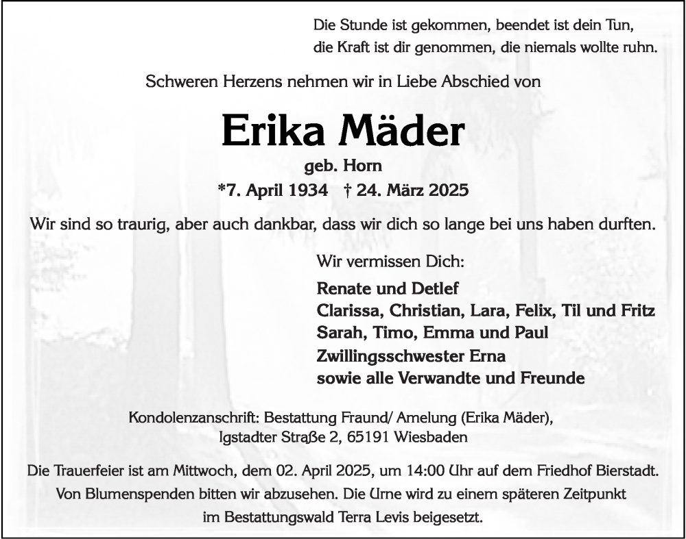  Traueranzeige für Erika Mäder vom 29.03.2025 aus Wiesbadener Kurier