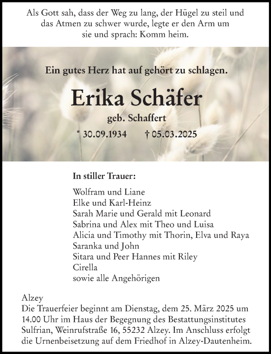 Traueranzeige von Erika Schäfer von Alzeyer Wochenblatt