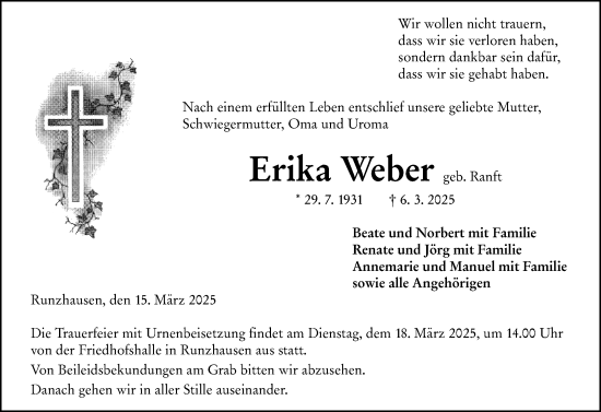 Traueranzeige von Erika Weber von Hinterländer Anzeiger