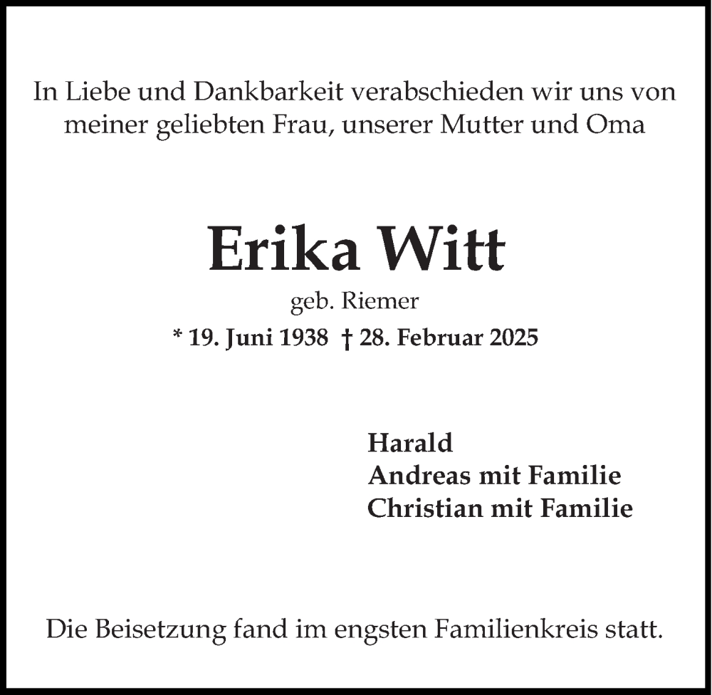  Traueranzeige für Erika Witt vom 15.03.2025 aus Wiesbadener Kurier