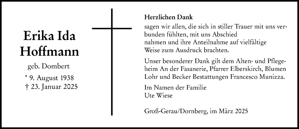  Traueranzeige für Erika Ida Hoffmann vom 01.03.2025 aus Groß-Gerauer Echo