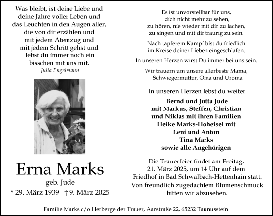 Traueranzeige von Erna Marks von Wiesbadener Kurier