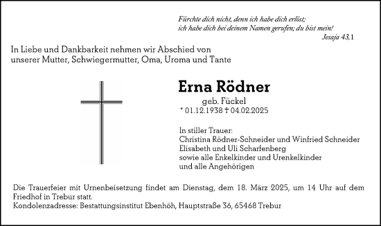 Traueranzeige von Erna Rödner von Groß-Gerauer Echo