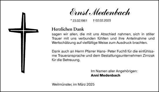 Traueranzeige von Ernst Medenbach von Weilburger Tageblatt