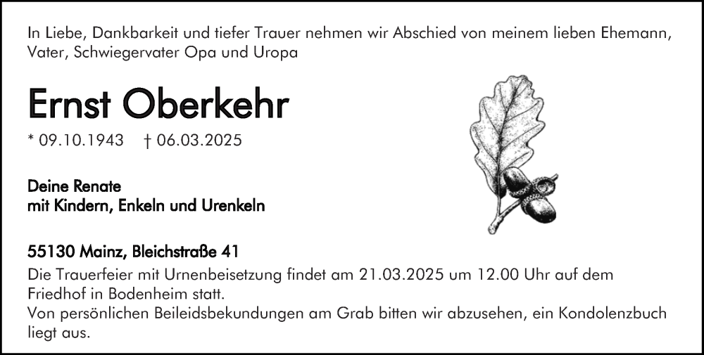 Traueranzeige für Ernst Oberkehr vom 15.03.2025 aus Allgemeine Zeitung Mainz