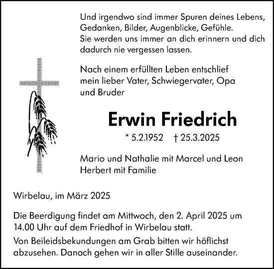 Traueranzeige von Erwin Friedrich von Weilburger Tageblatt