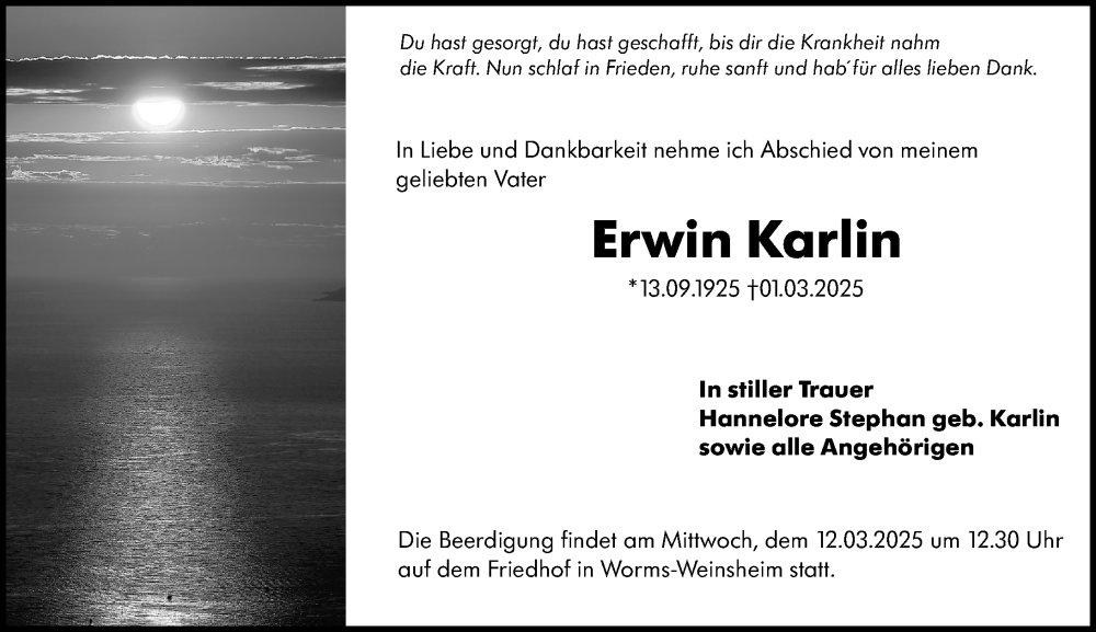  Traueranzeige für Erwin Karlin vom 08.03.2025 aus Wormser Zeitung