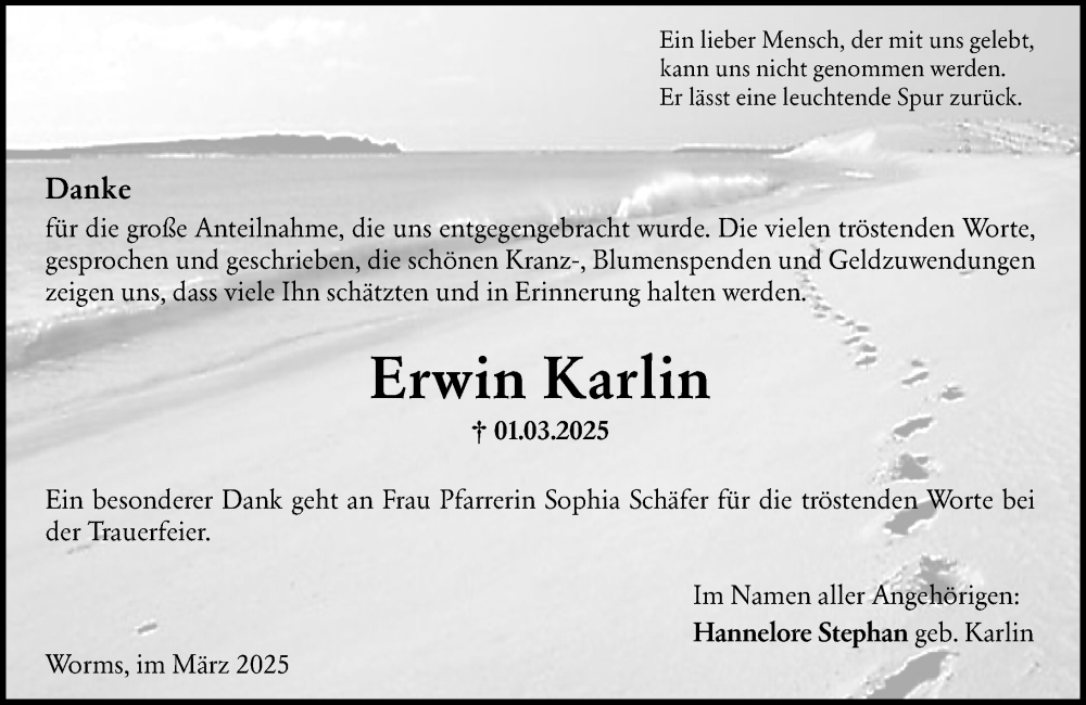  Traueranzeige für Erwin Karlin vom 29.03.2025 aus Wormser Zeitung
