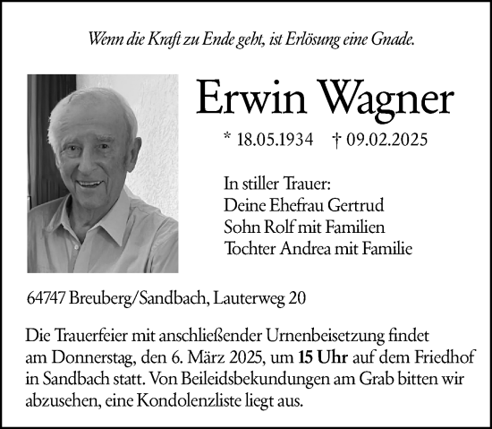 Traueranzeige von Erwin Wagner von Odenwälder Echo