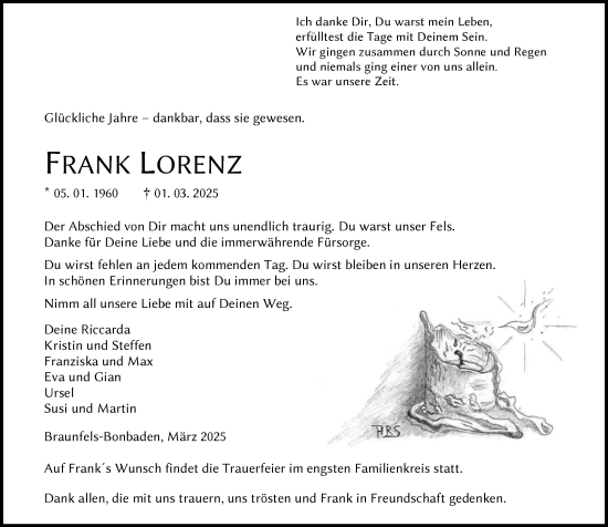 Traueranzeige von Frank Lorenz von Wetzlarer Neue Zeitung