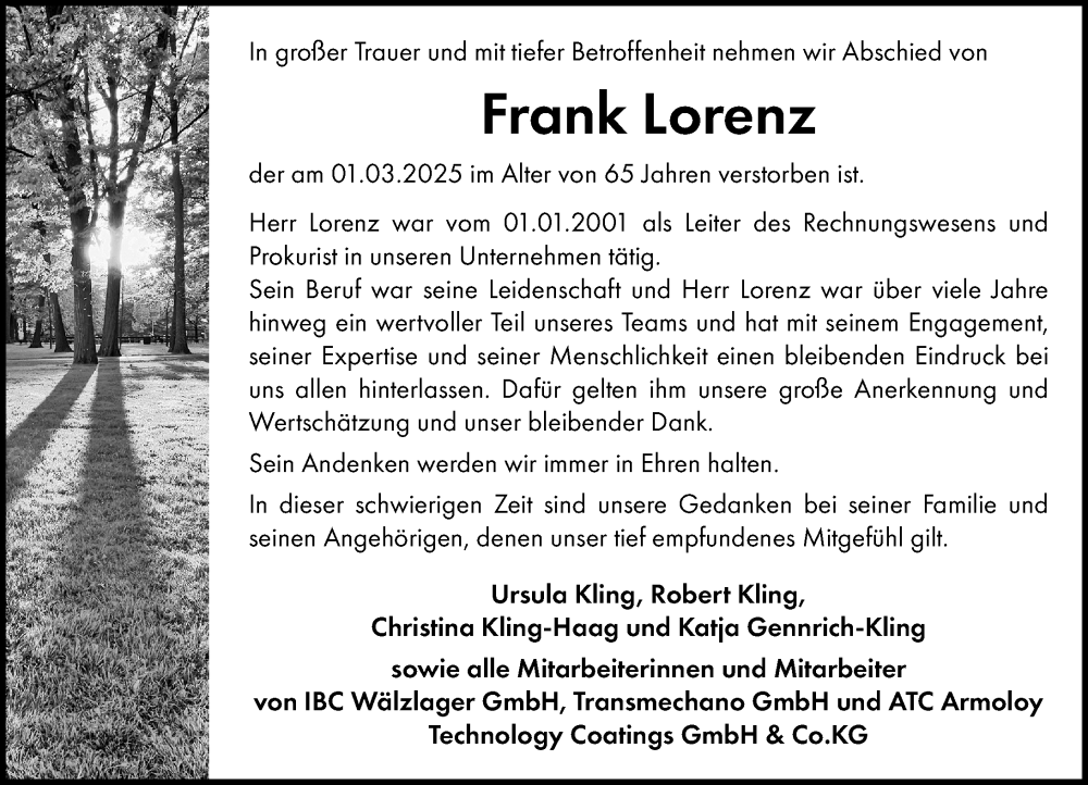 Traueranzeige für Frank Lorenz vom 22.03.2025 aus Wetzlarer Neue Zeitung