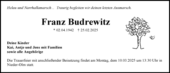 Traueranzeige von Franz Budrewitz von Allgemeine Zeitung Mainz