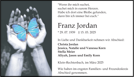 Traueranzeige von Franz Jordan von Wetzlarer Neue Zeitung