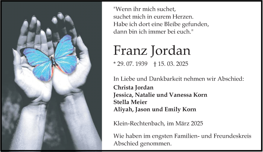  Traueranzeige für Franz Jordan vom 29.03.2025 aus Wetzlarer Neue Zeitung