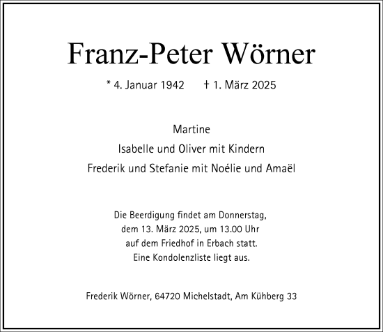 Traueranzeige von Franz-Peter Wörner von Odenwälder Echo