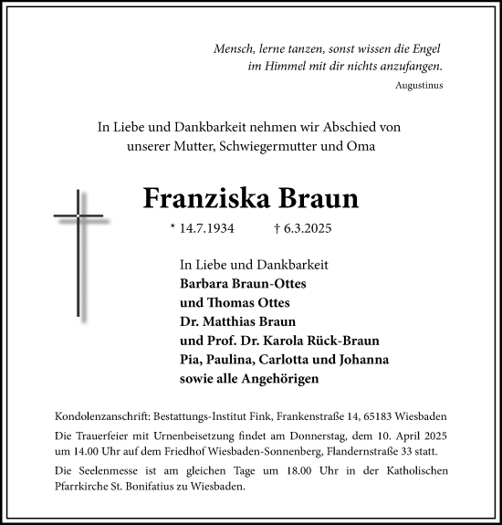 Traueranzeige von Franziska Braun von Wiesbadener Kurier
