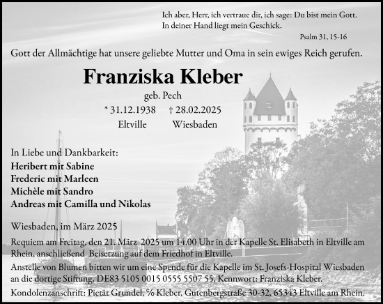 Traueranzeige von Franziska Kleber von Wiesbadener Kurier
