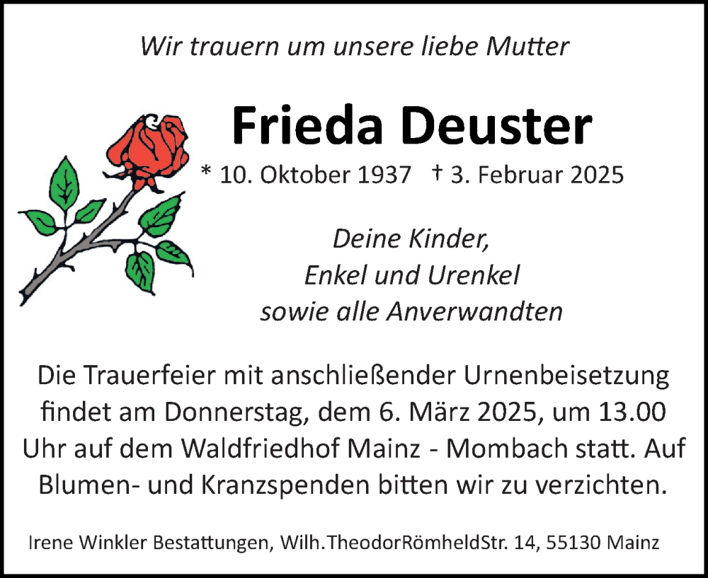  Traueranzeige für Frieda Deuster vom 01.03.2025 aus Allgemeine Zeitung Mainz