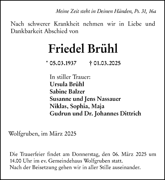 Traueranzeige von Friedel Brühl von Hinterländer Anzeiger