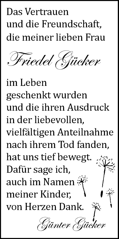 Traueranzeige von Friedel Gücker von Dill Block