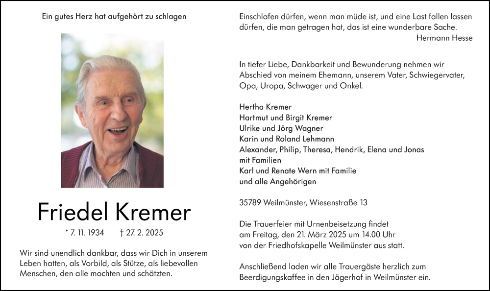  Traueranzeige für Friedel Kremer vom 15.03.2025 aus Weilburger Tageblatt